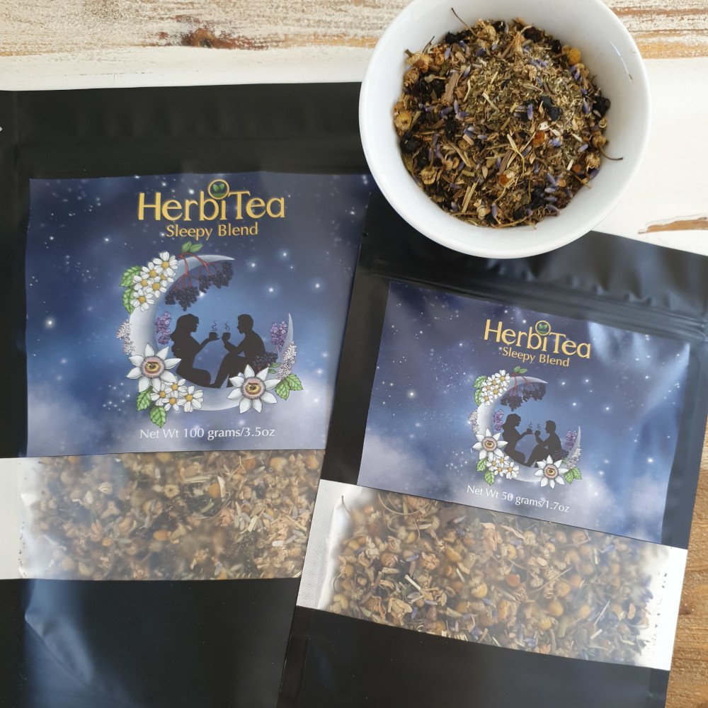 HerbiTea Sleepy Blend Tea Front 50g and 100g